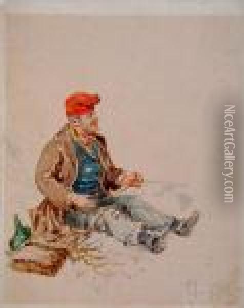 An Italian Peasant Seated On A Bench Lighting A Clay Pipe Oil Painting - Pietro Scoppetta