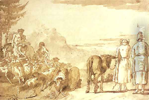 A pastoral scene with two shepherds tending their flock and a peasant couple leading a donkey Oil Painting - Giovanni Domenico Tiepolo