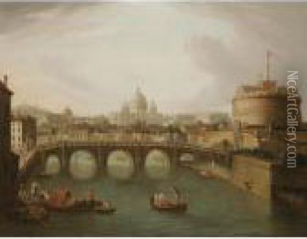 Rome, A View Of St. Peter's And The Castel Sant'angelo From The Tiber Oil Painting - Antonio Joli