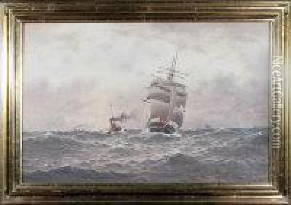 A North Shields Steam Paddle Tug And A Sailing Ship Oil Painting - William Thomas Nicholas Boyce