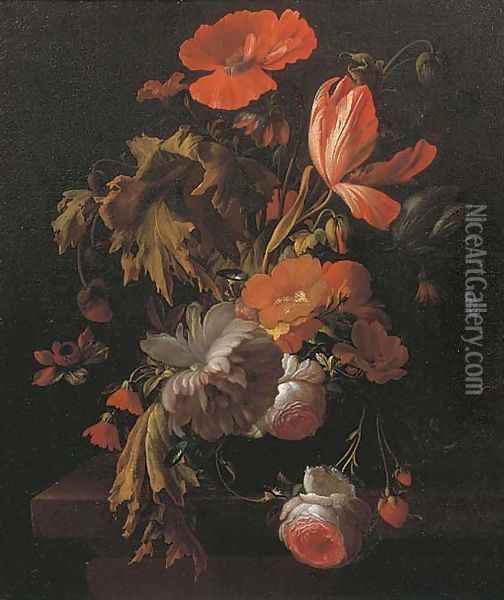 A still life with tulips, roses, poppies and other flowers in a vase on a wooden ledge Oil Painting - Elias van den Broeck