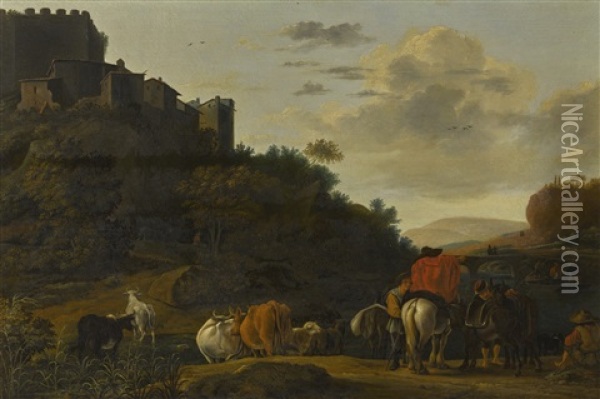 Landscape With Riders And Cows, A Castle Beyond Oil Painting - Jan Asselijn