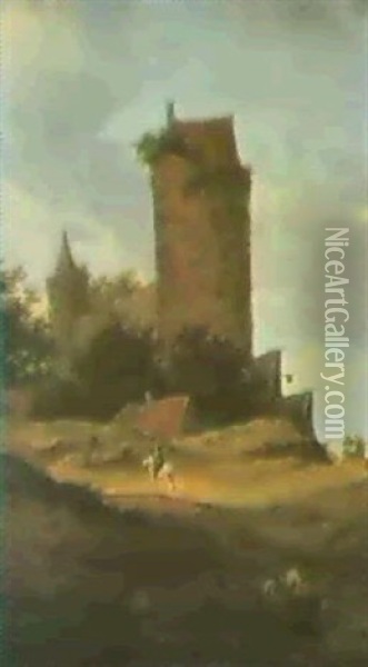 Hoher Runder Turm Im Mittelgr-und Davor Ein Rieter In Der   France Rechts Eine Kutsche Oil Painting - Salomon van Ruysdael