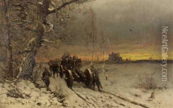 A Winter Scene With Soldiers On A Road Transporting A Horse-drawn Cannon Oil Painting - Friedrich Josef Nicolai Heydendahl