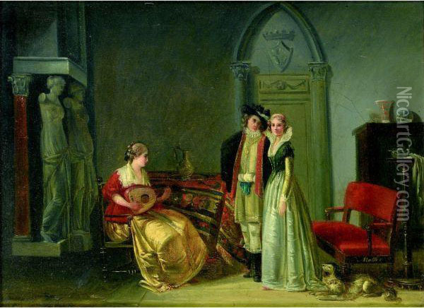 A Serenade With An Engaged Couple Oil Painting - Jean-Baptiste Mallet
