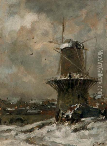 Korenmolen In Besneeuwd Landschap Bij Avond: A Windmill In The Snow Oil Painting - Jacob Henricus Maris