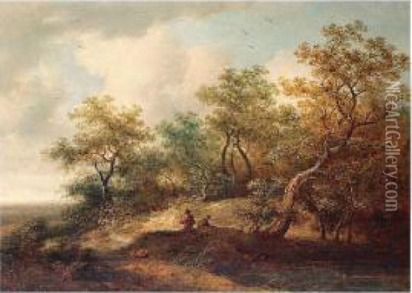 Woodland Landscape With Pond And Figures Oil Painting - Richard Hilder
