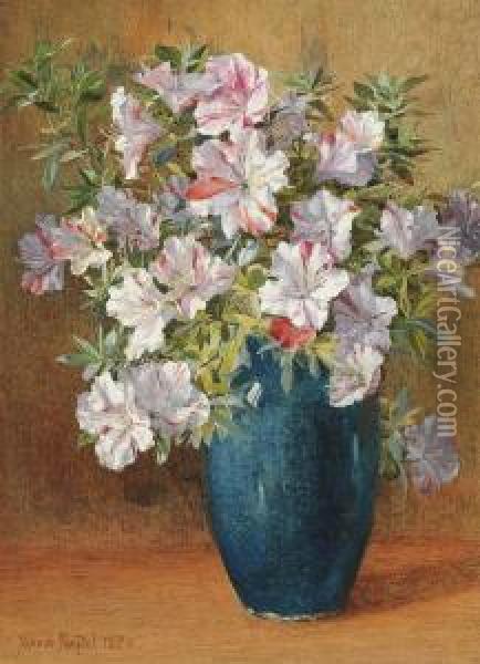 Azalias In A Blue Vase Oil Painting - Maud Naftel