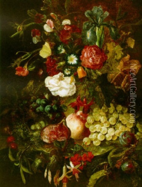 A Still Life Of Flowers, Grapes, Peaches, Viges, Prunes, Cherries And A Bird's Nest All On A Marble Ledge Oil Painting - Jan Evert Morel the Younger
