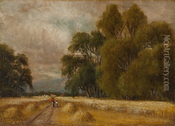 Wheatfields - San Ramone Valley - California, Two Figures Walking In A Field Oil Painting - James Everett Stuart
