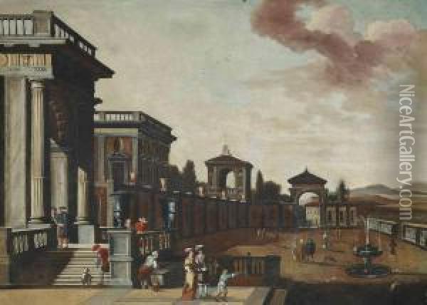 A Capriccio Of A Classical Palazzo With Elegant Figures Conversing Oil Painting - Jacobus Saeys