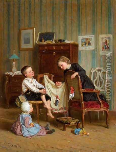 Jouer avec les marionettes Oil Painting - Theophile-Emmanuel Duverger