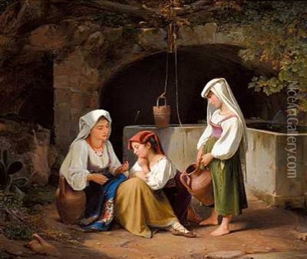 En Aeldre Pige Laerer Tvende Yngre At Bede Pa Rosenkrandsen Oil Painting - Albert Kuchler