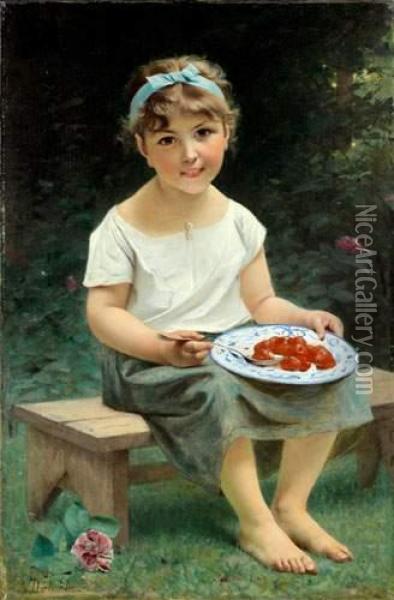Petite Fille Mangeant Des Fraises Oil Painting - Francois Alfred Delobbe