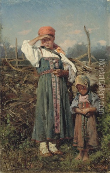 Peasant Girls Oil Painting - Vladimir Egorovich Makovsky