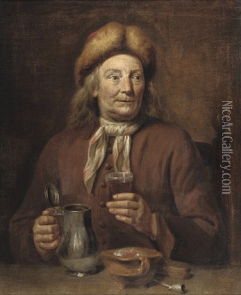 A Gentleman Seated At A Table Smoking And Drinking Oil Painting - Jan Maurits Quinkhardt