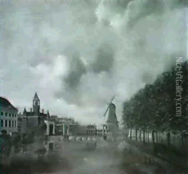A View In Amsterdam With The Singelgracht Looking Towards   The Roode Molen On The Schinklthe Leidse Poort Towards...... Oil Painting - J. Schepens