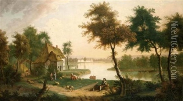 Extensive River Landscape With A Herdsman And Other Figures In The Foreground Oil Painting - George Smith of Chichester