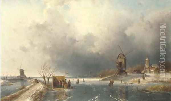Skaters in a Winter landscape Oil Painting - Charles Henri Joseph Leickert