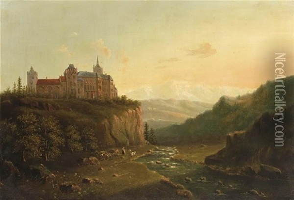 Mountainous Landscape With A Castle On A Hill Top And A Goatherd Near A River Oil Painting - Jacobus Hendricus Johannes Nooteboom