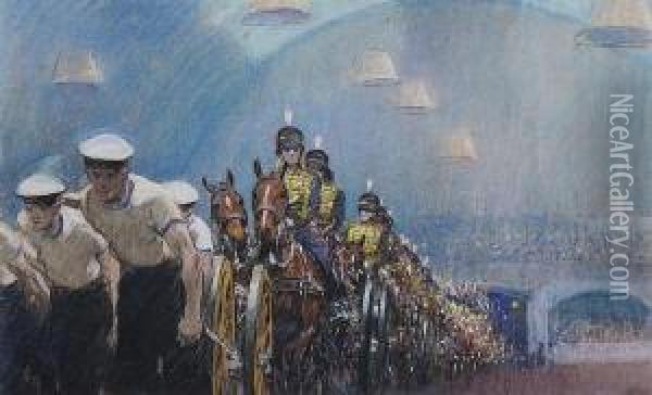 The Royal Navy And Royal 
Artillery Gun Teamswith Life Guards At The Royal Tournament, Olympia Oil Painting - Gilbert Holiday
