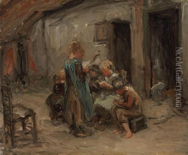 Children Reading In A Farmyard Oil Painting - Bernardus Johannes Blommers