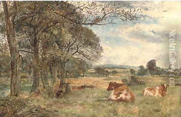 Cattle grazing, with Sefton Church beyond Oil Painting - William Joseph Caesar Julius Bond
