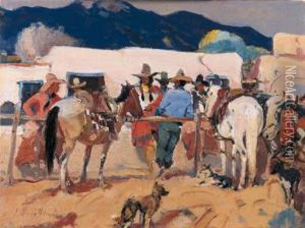 Gathering Of Cowboys Outside An Adobe Oil Painting - Laverne Nelson Black