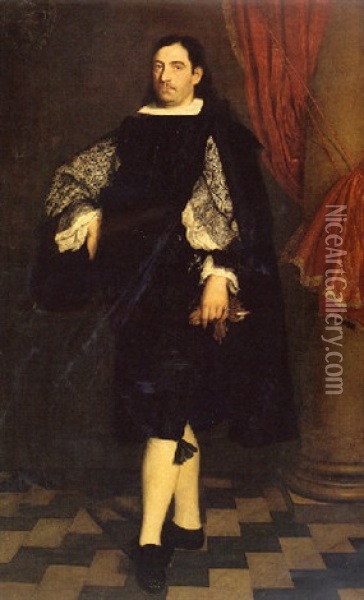 Portrait Of A Gentleman Wearing A Black Doublet And Cloak, Holding Gloves Oil Painting - Bartolome Esteban Murillo