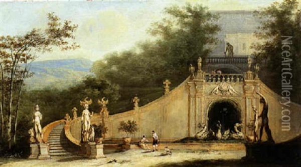 An Italianate Landscape With An Imaginary View Of A Grand Staircase And Figures In A Formal Garden Oil Painting - Johann Wilhelm Baur