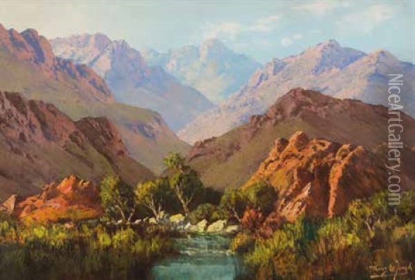 Extensive Mountainous Landscape Oil Painting - Tinus de Jongh