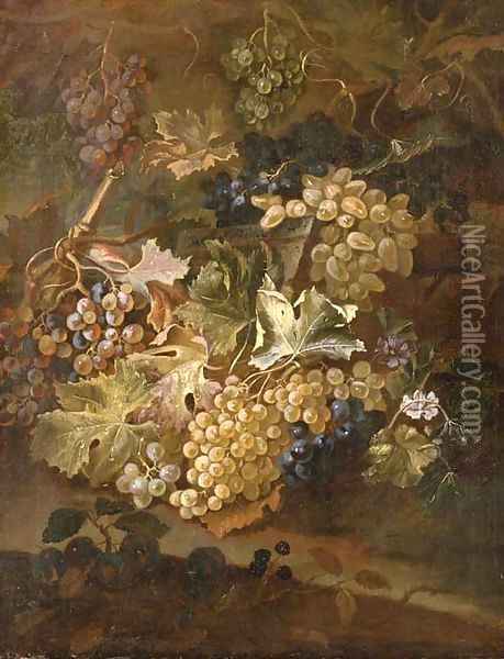 Grapes on the vine and blackberries on a stone ledge Oil Painting - Maximilian Pfeiler