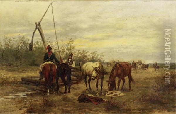 At The Trough Oil Painting - Ludwik Gedlek