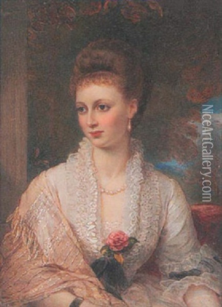 A Lady Wearing Decollete White Dress With Frilled Collar, Silk Tasselled Shawl, Pearl Necklace And Drop Pearl Earring, Her Hair Upswept In A Plait Oil Painting - Reginald Easton
