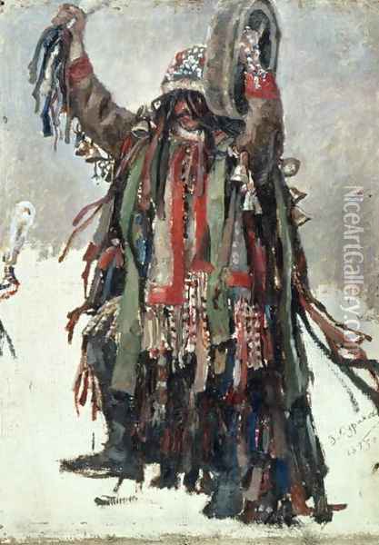 A Shaman, sketch for Yermak Conquers Siberia, 1893 Oil Painting - Vasilij Ivanovic Surikov