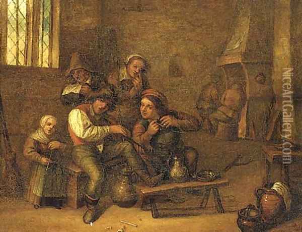 Peasants drinking and smoking in an interior Oil Painting - David The Younger Teniers