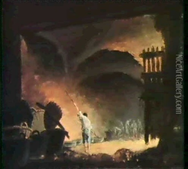 Washermen Boiling Laundry In A Cavernous Ruin Oil Painting - Hubert Robert
