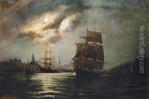 Moon Over The Port Of Hamburg Oil Painting - Alfred Serenius Jensen