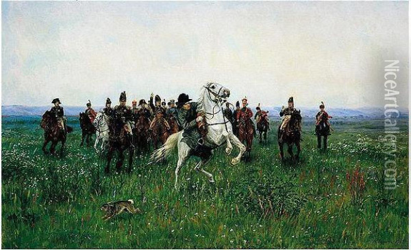 Napoleon Accompanied By His Generals Oil Painting - Narkiz Nikolaievich Bunin