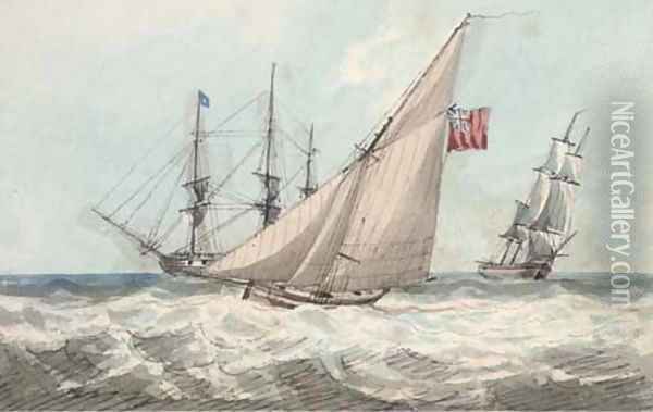A cutter working up to the frigate at anchor (illustrated) Oil Painting - Samuel Owen