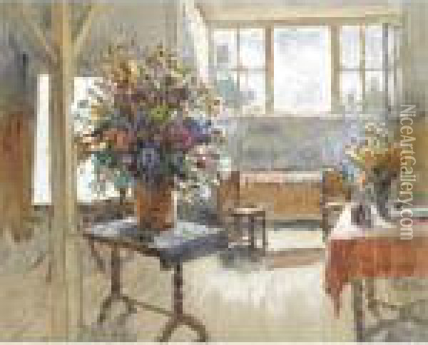 Interior With Bouquet Of Summer Flowers Oil Painting - Konstantin Ivanovich Gorbatov