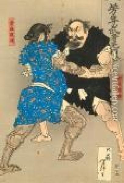 Man In Interior With Monkey; Wrestlers; And Two Others Oil Painting - Tsukioka Kinzaburo Yoshitoshi