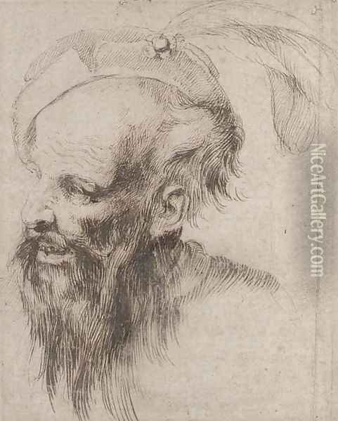 Head of a bearded man in profile to the left, wearing a plumed hat Oil Painting - Spanish School