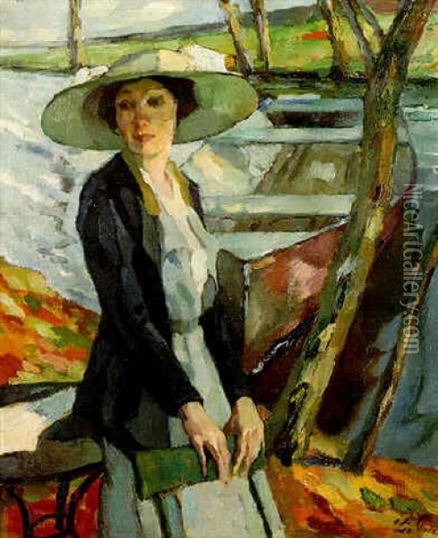 Portrait Of Frieda Blell, The Artist's Wife, Standing By A River Oil Painting - Leo Putz