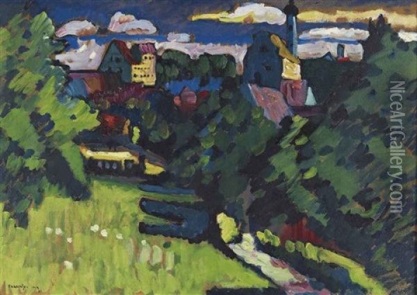 Murnau - Ansicht Mit Burg, Kirche Und Eisenbahn Oil Painting - Wassily Kandinsky