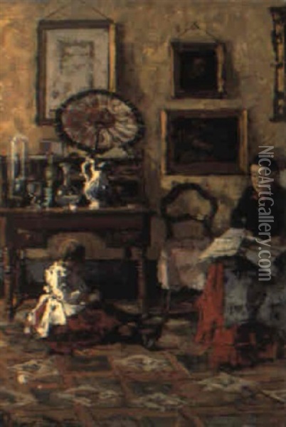 Figure In Un Interno Oil Painting - Enrico Reycend