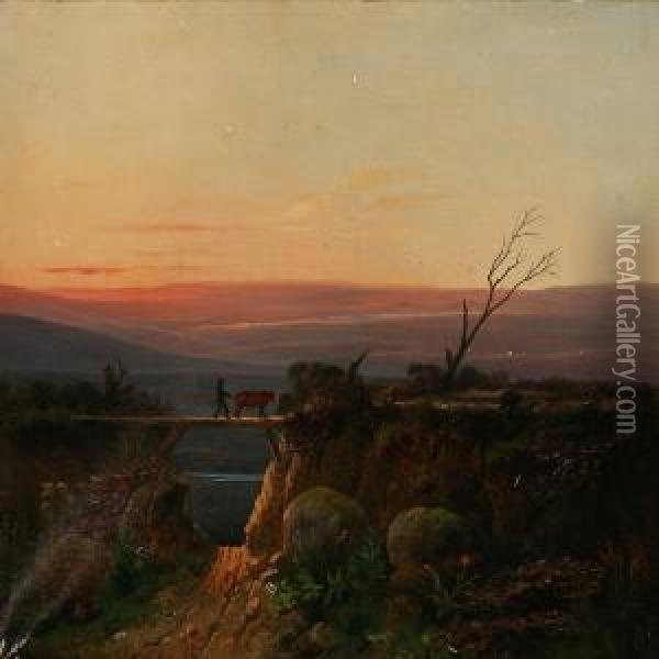 Landscape With Sunset Oil Painting - Christian Andreas Schleisner