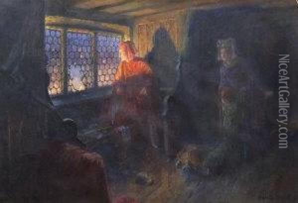 Family Sheltering From The Uproar In An Interior Oil Painting - Ben S. Smith