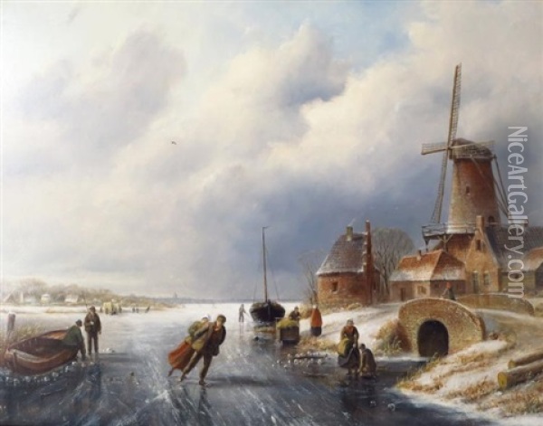 Ice Skating On The Canal Oil Painting - Jacob Jan Coenraad