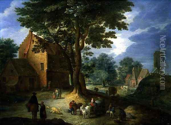 Village Scene with a Windmill Oil Painting - Joseph van Bredael